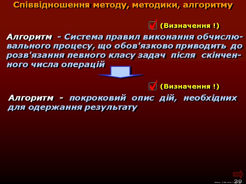 М.Кононов © 2009  E-mail: mvk@univ.kiev.ua 39  Співвідношення методу, методики, алгоритму Алгоритм 